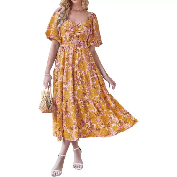 BTFBM Women Summer Dresses 2024 Casual Flowy Beach Square Neck Puff Short Sleeve Smocked Back Boho Floral Long Maxi DressFloral Yellow