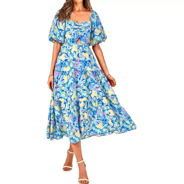 BTFBM Women Summer Dresses 2024 Casual Flowy Beach Square Neck Puff Short Sleeve Smocked Back Boho Floral Long Maxi DressPrint Blue