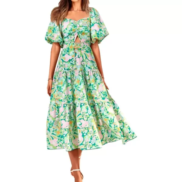 BTFBM Women Summer Dresses 2024 Casual Flowy Beach Square Neck Puff Short Sleeve Smocked Back Boho Floral Long Maxi DressPrint Green
