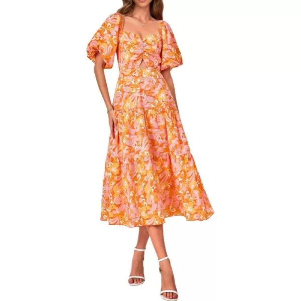 BTFBM Women Summer Dresses 2024 Casual Flowy Beach Square Neck Puff Short Sleeve Smocked Back Boho Floral Long Maxi DressPrint Orange