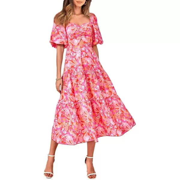 BTFBM Women Summer Dresses 2024 Casual Flowy Beach Square Neck Puff Short Sleeve Smocked Back Boho Floral Long Maxi DressPrint Pink