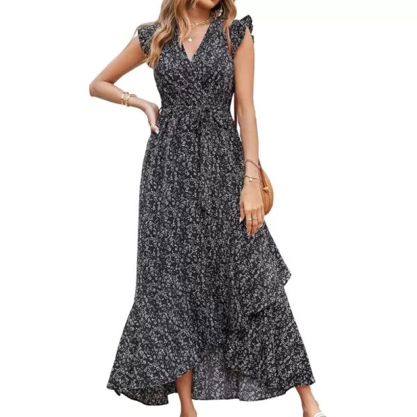 BTFBM Women Summer Dresses 2024 Ruffle Cap Sleeve V Neck Belt Wrap Split Boho Floral Long Casual Party Beach Maxi DressFloral Black