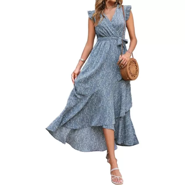BTFBM Women Summer Dresses 2024 Ruffle Cap Sleeve V Neck Belt Wrap Split Boho Floral Long Casual Party Beach Maxi DressFloral Blue