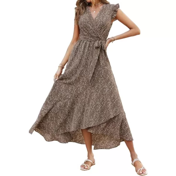 BTFBM Women Summer Dresses 2024 Ruffle Cap Sleeve V Neck Belt Wrap Split Boho Floral Long Casual Party Beach Maxi DressFloral Brown