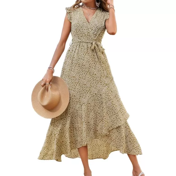 BTFBM Women Summer Dresses 2024 Ruffle Cap Sleeve V Neck Belt Wrap Split Boho Floral Long Casual Party Beach Maxi DressFloral Khaki