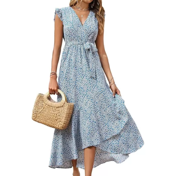 BTFBM Women Summer Dresses 2024 Ruffle Cap Sleeve V Neck Belt Wrap Split Boho Floral Long Casual Party Beach Maxi DressFloral Print Blue