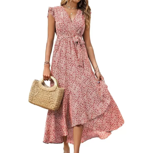 BTFBM Women Summer Dresses 2024 Ruffle Cap Sleeve V Neck Belt Wrap Split Boho Floral Long Casual Party Beach Maxi DressFloral Print Red