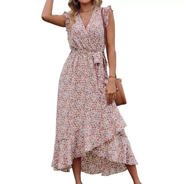 BTFBM Women Summer Dresses 2024 Ruffle Cap Sleeve V Neck Belt Wrap Split Boho Floral Long Casual Party Beach Maxi DressFloral Print Wine Red White