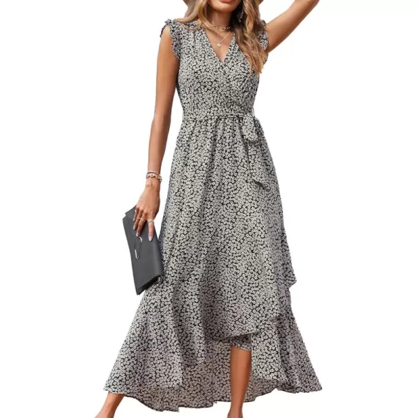 BTFBM Women Summer Dresses 2024 Ruffle Cap Sleeve V Neck Belt Wrap Split Boho Floral Long Casual Party Beach Maxi DressFloral White