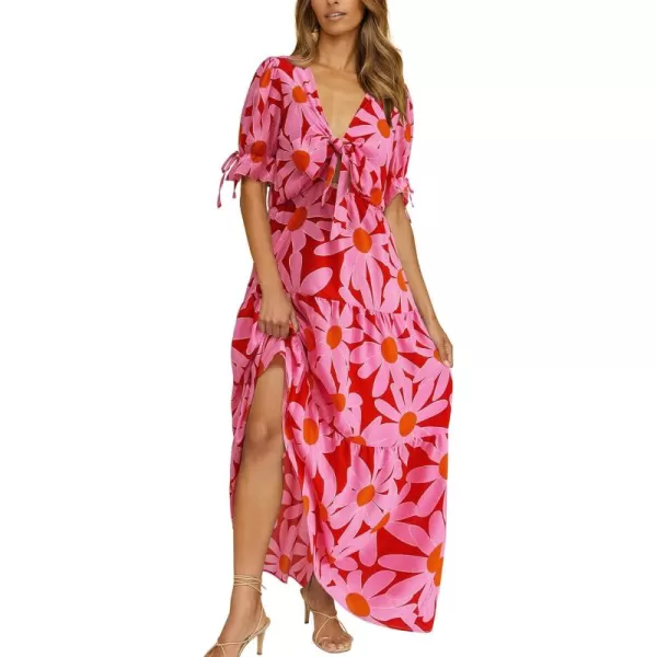 BTFBM Womens 2024 Summer Boho Dress Tie Front Deep V Neck Cutout Short Sleeve Floral Casual Party Beach Maxi DressesBig Floral Red
