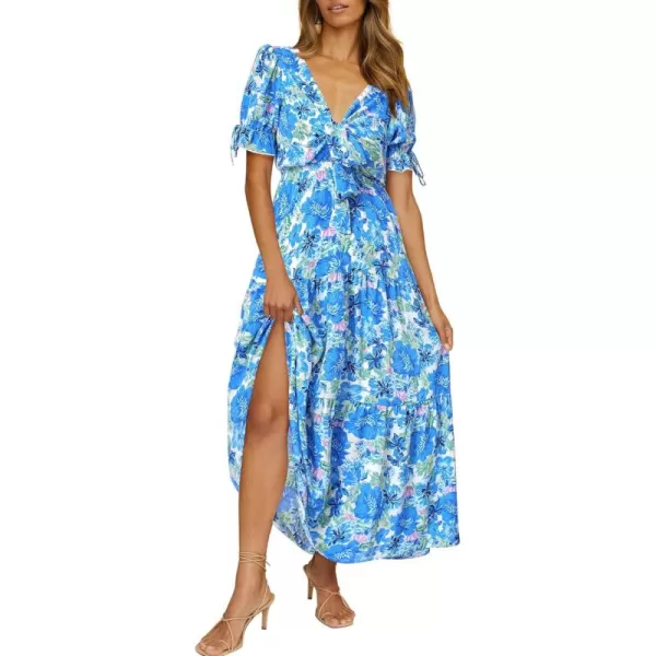 BTFBM Womens 2024 Summer Boho Dress Tie Front Deep V Neck Cutout Short Sleeve Floral Casual Party Beach Maxi DressesBig Floral White Blue