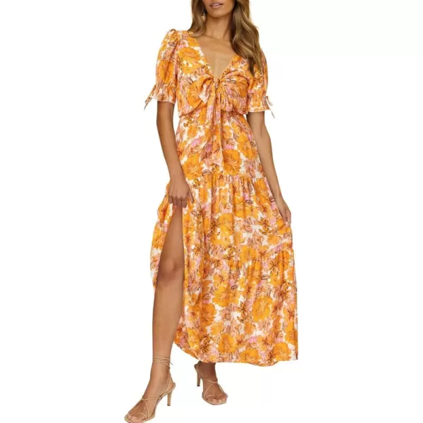 BTFBM Womens 2024 Summer Boho Dress Tie Front Deep V Neck Cutout Short Sleeve Floral Casual Party Beach Maxi DressesBig Floral White Yellow