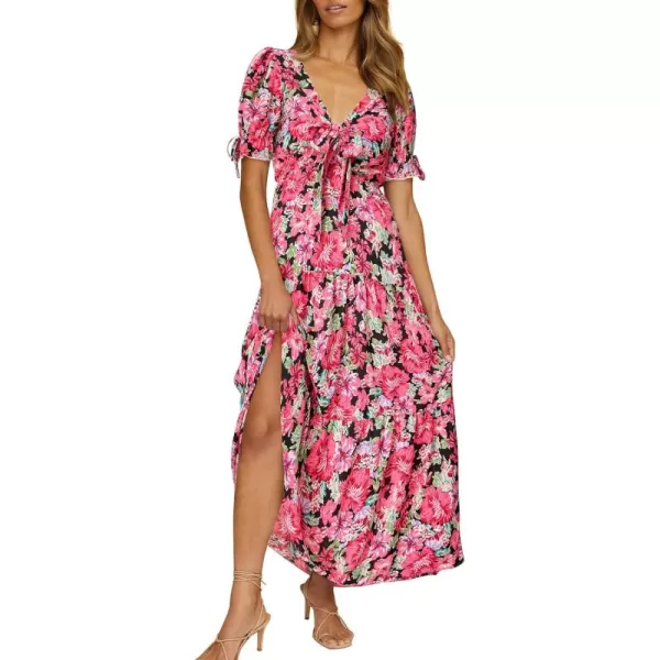 BTFBM Womens 2024 Summer Boho Dress Tie Front Deep V Neck Cutout Short Sleeve Floral Casual Party Beach Maxi DressesFloral Black Red