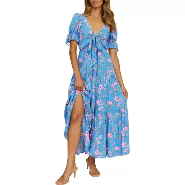 BTFBM Womens 2024 Summer Boho Dress Tie Front Deep V Neck Cutout Short Sleeve Floral Casual Party Beach Maxi DressesFloral Blue Pink