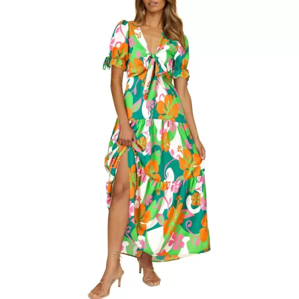 BTFBM Womens 2024 Summer Boho Dress Tie Front Deep V Neck Cutout Short Sleeve Floral Casual Party Beach Maxi DressesFloral Green