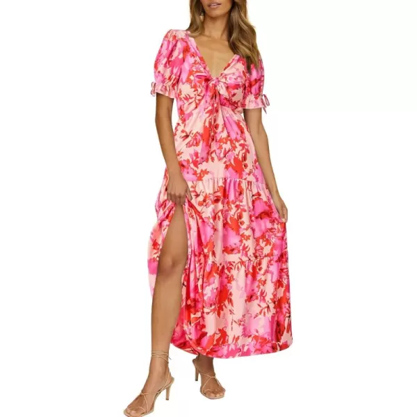 BTFBM Womens 2024 Summer Boho Dress Tie Front Deep V Neck Cutout Short Sleeve Floral Casual Party Beach Maxi DressesFloral Pink