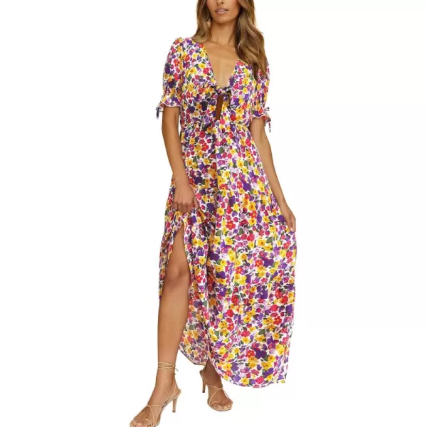 BTFBM Womens 2024 Summer Boho Dress Tie Front Deep V Neck Cutout Short Sleeve Floral Casual Party Beach Maxi DressesFloral White Purple
