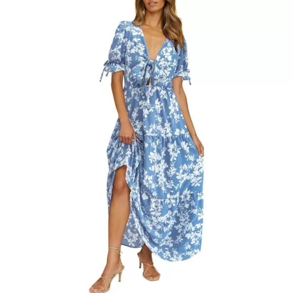 BTFBM Womens 2024 Summer Boho Dress Tie Front Deep V Neck Cutout Short Sleeve Floral Casual Party Beach Maxi DressesWhite Branch Blue