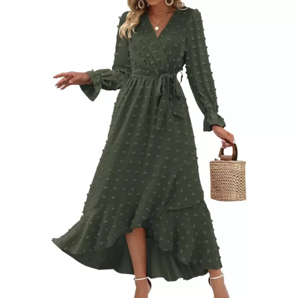BTFBM Womens Boho Cocktail Maxi Dress 2024 Fall Fashion V Neck Swiss Dot Long Sleeve Flowy Slit Wedding Party DressesSwiss Dot Army Green
