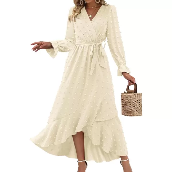 BTFBM Womens Boho Cocktail Maxi Dress 2024 Fall Fashion V Neck Swiss Dot Long Sleeve Flowy Slit Wedding Party DressesSwiss Dot Beige