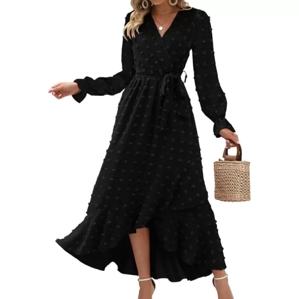 BTFBM Womens Boho Cocktail Maxi Dress 2024 Fall Fashion V Neck Swiss Dot Long Sleeve Flowy Slit Wedding Party DressesSwiss Dot Black