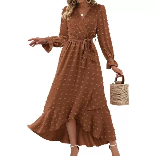 BTFBM Womens Boho Cocktail Maxi Dress 2024 Fall Fashion V Neck Swiss Dot Long Sleeve Flowy Slit Wedding Party DressesSwiss Dot Brown