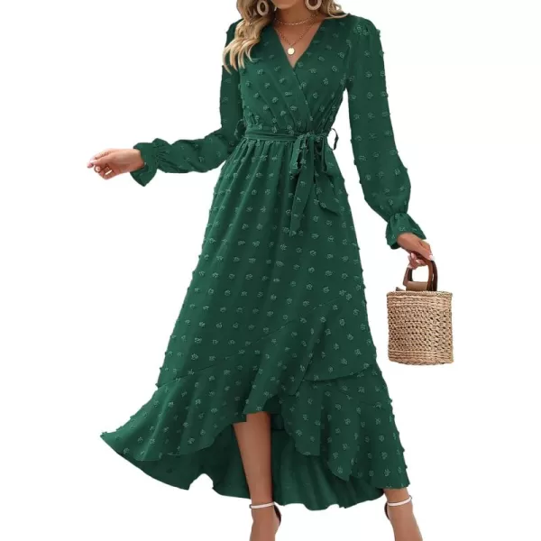 BTFBM Womens Boho Cocktail Maxi Dress 2024 Fall Fashion V Neck Swiss Dot Long Sleeve Flowy Slit Wedding Party DressesSwiss Dot Dark Green