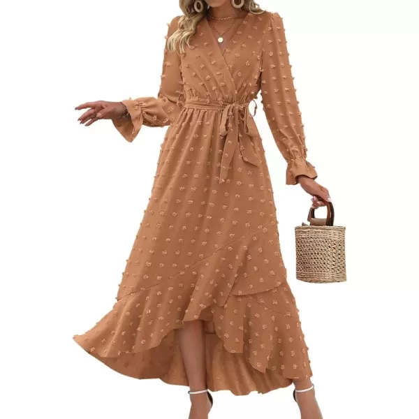 BTFBM Womens Boho Cocktail Maxi Dress 2024 Fall Fashion V Neck Swiss Dot Long Sleeve Flowy Slit Wedding Party DressesSwiss Dot Khaki