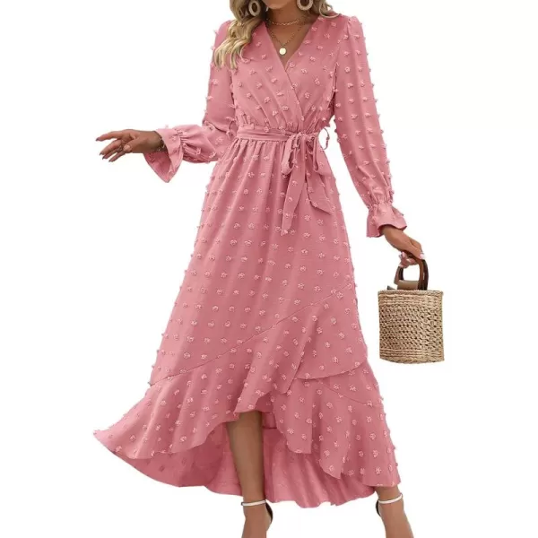 BTFBM Womens Boho Cocktail Maxi Dress 2024 Fall Fashion V Neck Swiss Dot Long Sleeve Flowy Slit Wedding Party DressesSwiss Dot Light Pink