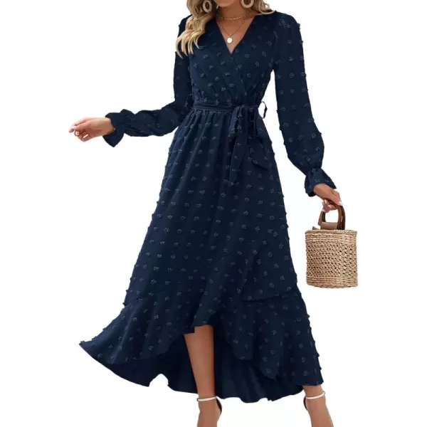 BTFBM Womens Boho Cocktail Maxi Dress 2024 Fall Fashion V Neck Swiss Dot Long Sleeve Flowy Slit Wedding Party DressesSwiss Dot Navy