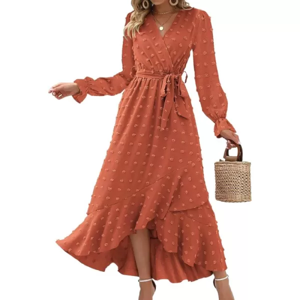BTFBM Womens Boho Cocktail Maxi Dress 2024 Fall Fashion V Neck Swiss Dot Long Sleeve Flowy Slit Wedding Party DressesSwiss Dot Orange