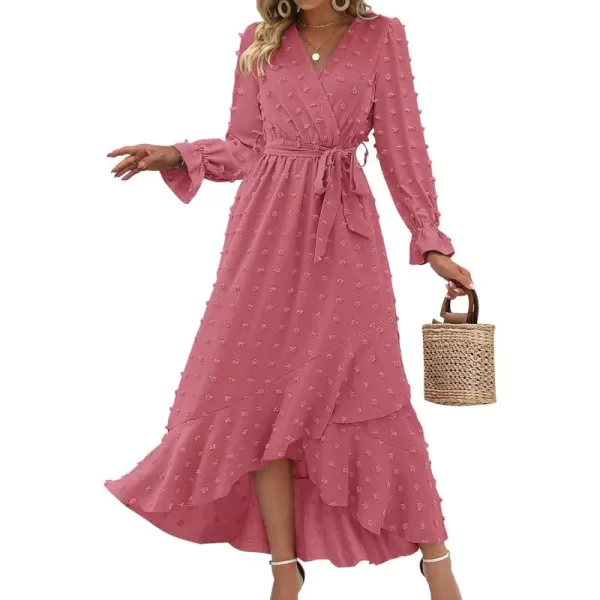 BTFBM Womens Boho Cocktail Maxi Dress 2024 Fall Fashion V Neck Swiss Dot Long Sleeve Flowy Slit Wedding Party DressesSwiss Dot Pink