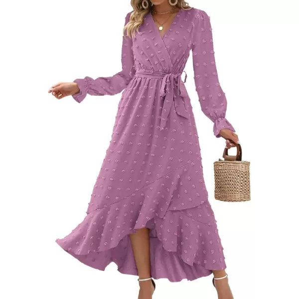 BTFBM Womens Boho Cocktail Maxi Dress 2024 Fall Fashion V Neck Swiss Dot Long Sleeve Flowy Slit Wedding Party DressesSwiss Dot Purple