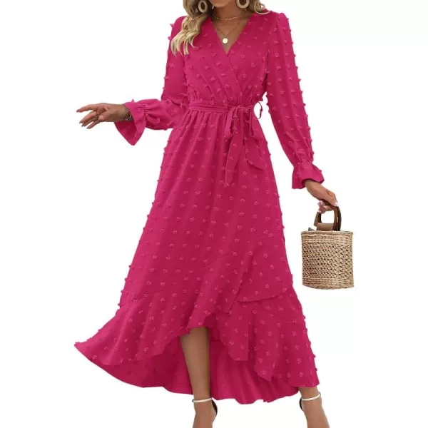 BTFBM Womens Boho Cocktail Maxi Dress 2024 Fall Fashion V Neck Swiss Dot Long Sleeve Flowy Slit Wedding Party DressesSwiss Dot Rose Red