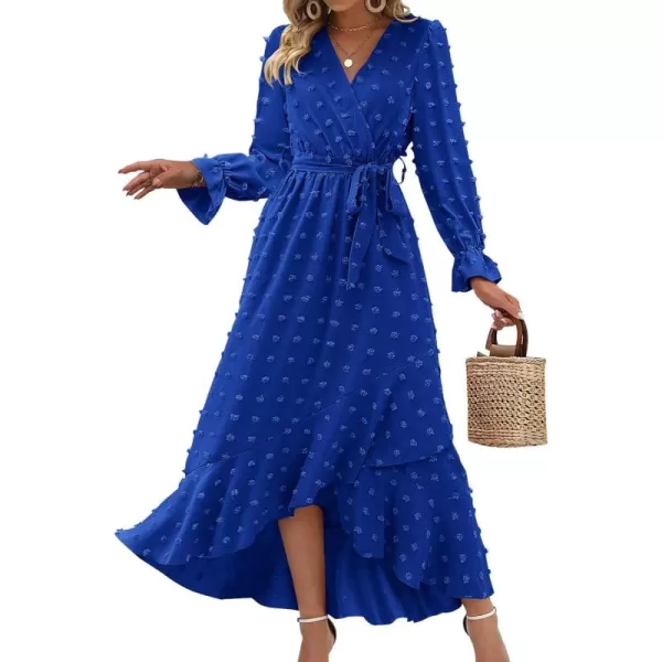 BTFBM Womens Boho Cocktail Maxi Dress 2024 Fall Fashion V Neck Swiss Dot Long Sleeve Flowy Slit Wedding Party DressesSwiss Dot Royal Blue