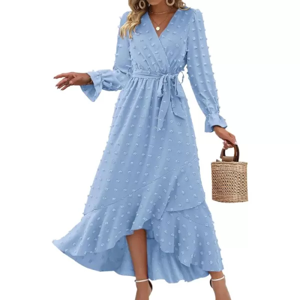 BTFBM Womens Boho Cocktail Maxi Dress 2024 Fall Fashion V Neck Swiss Dot Long Sleeve Flowy Slit Wedding Party DressesSwiss Dot Sky Blue