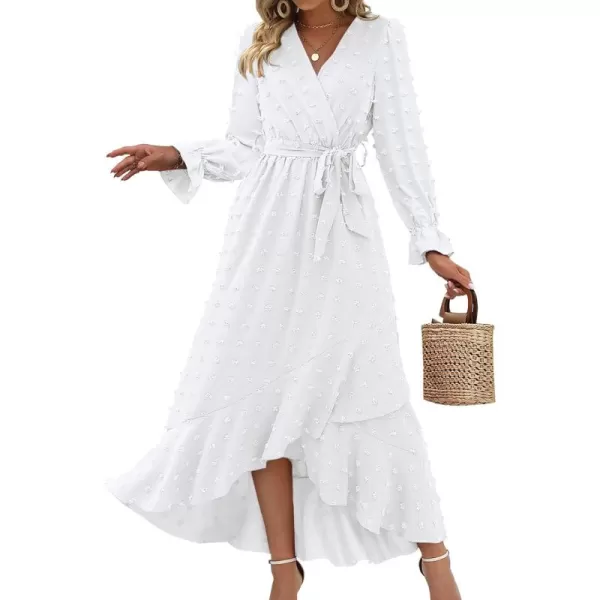 BTFBM Womens Boho Cocktail Maxi Dress 2024 Fall Fashion V Neck Swiss Dot Long Sleeve Flowy Slit Wedding Party DressesSwiss Dot White