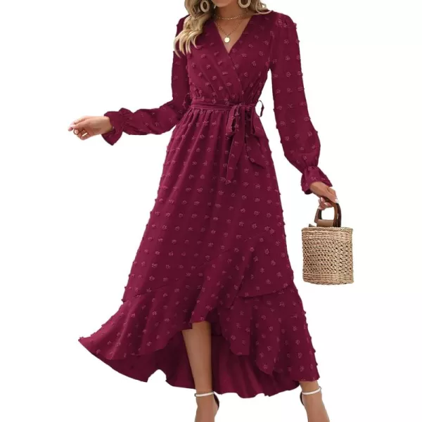 BTFBM Womens Boho Cocktail Maxi Dress 2024 Fall Fashion V Neck Swiss Dot Long Sleeve Flowy Slit Wedding Party DressesSwiss Dot Wine Red
