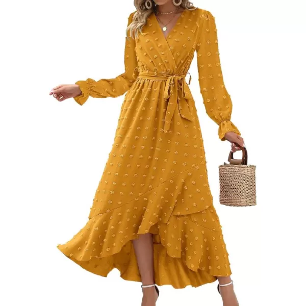 BTFBM Womens Boho Cocktail Maxi Dress 2024 Fall Fashion V Neck Swiss Dot Long Sleeve Flowy Slit Wedding Party DressesSwiss Dot Yellow