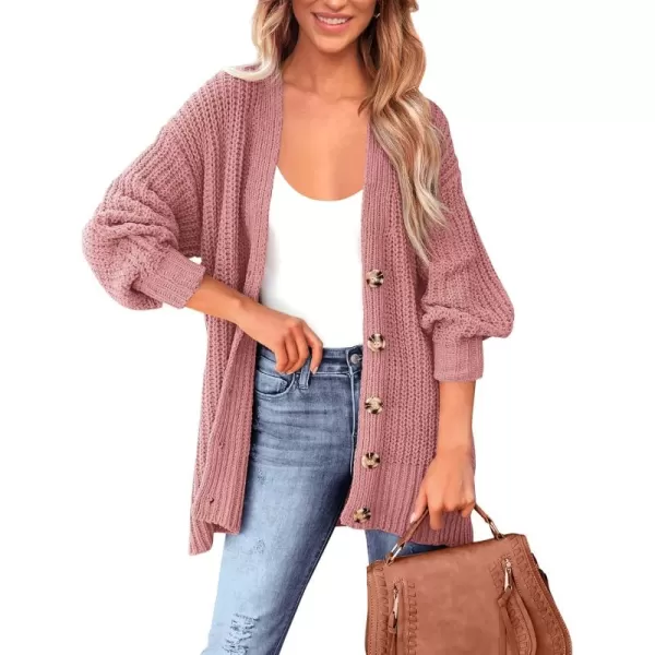 BTFBM Womens Button Down Cardigan Coat Long Sleeve Fall Winter Clothes Loose Chunky Knit Open Front Sweater OuterwearSolid Pink