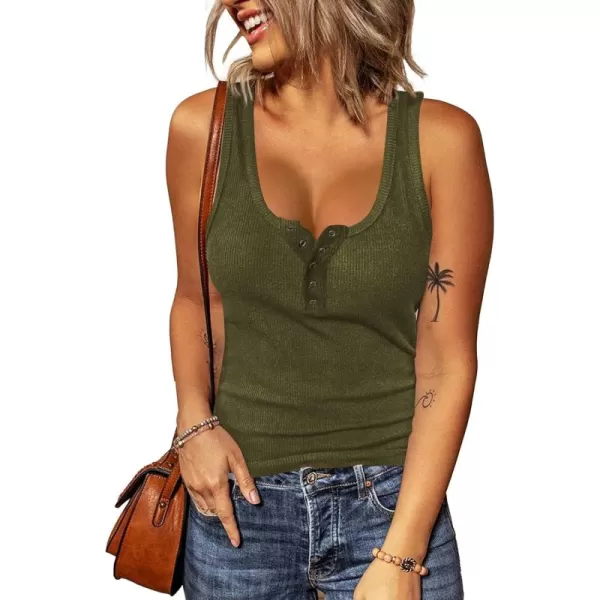 BTFBM Womens Summer Ribbed Tank Tops Crew Neck Button Down Slim Fit Basic Sleeveless Tunic Blouse Casual Henley ShirtsSleeveless Army Green