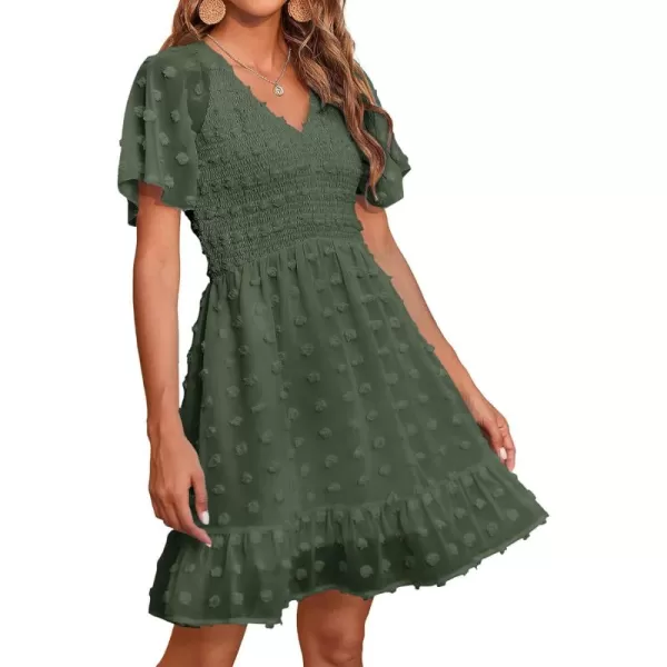 BTFBM Womens V Neck Smocked Short Sleeve Casual Dress Swiss Dot Swing Flowy Ruffle Hem Mini Beach Summer Dresses 2024Swiss Dot Army Green
