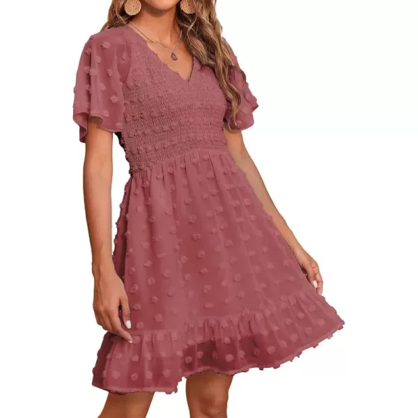 BTFBM Womens V Neck Smocked Short Sleeve Casual Dress Swiss Dot Swing Flowy Ruffle Hem Mini Beach Summer Dresses 2024Swiss Dot Bean Paste Red