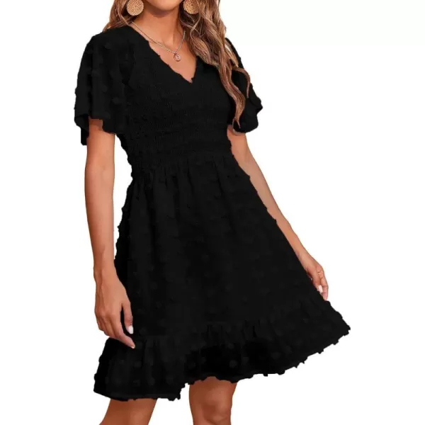BTFBM Womens V Neck Smocked Short Sleeve Casual Dress Swiss Dot Swing Flowy Ruffle Hem Mini Beach Summer Dresses 2024Swiss Dot Black
