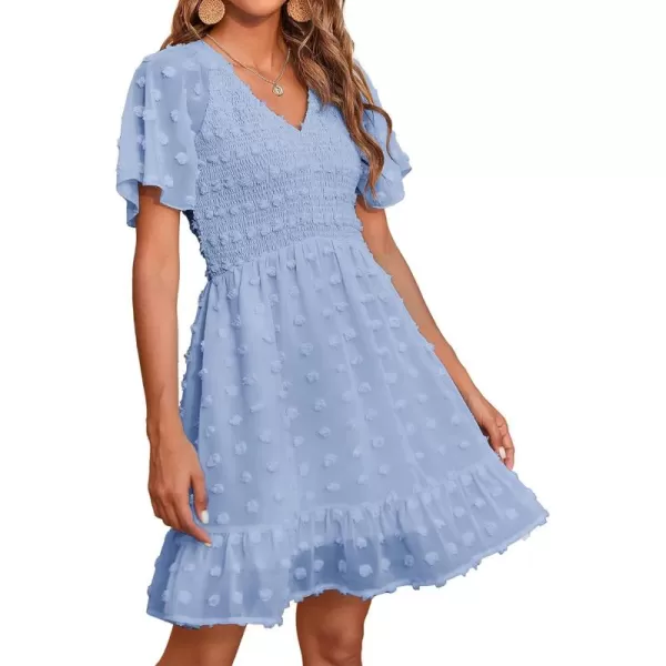 BTFBM Womens V Neck Smocked Short Sleeve Casual Dress Swiss Dot Swing Flowy Ruffle Hem Mini Beach Summer Dresses 2024Swiss Dot Blue