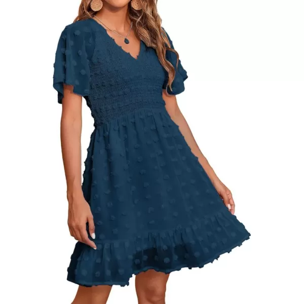 BTFBM Womens V Neck Smocked Short Sleeve Casual Dress Swiss Dot Swing Flowy Ruffle Hem Mini Beach Summer Dresses 2024Swiss Dot Dark Blue
