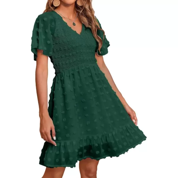 BTFBM Womens V Neck Smocked Short Sleeve Casual Dress Swiss Dot Swing Flowy Ruffle Hem Mini Beach Summer Dresses 2024Swiss Dot Dark Green