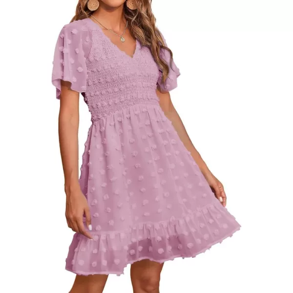 BTFBM Womens V Neck Smocked Short Sleeve Casual Dress Swiss Dot Swing Flowy Ruffle Hem Mini Beach Summer Dresses 2024Swiss Dot Dusty Pink