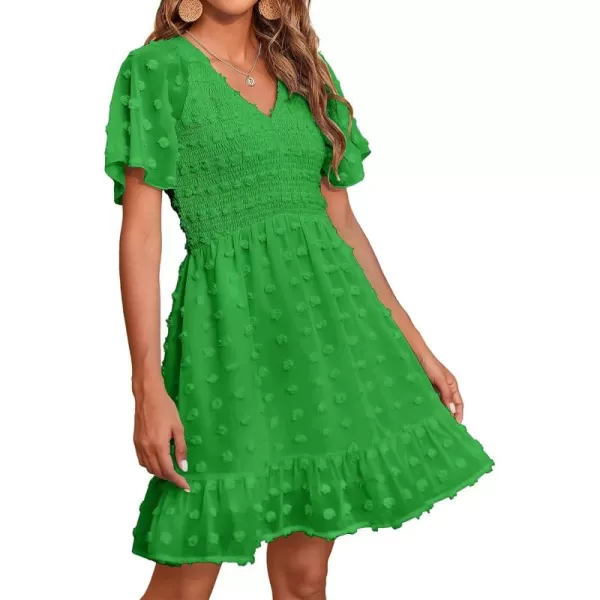 BTFBM Womens V Neck Smocked Short Sleeve Casual Dress Swiss Dot Swing Flowy Ruffle Hem Mini Beach Summer Dresses 2024Swiss Dot Green