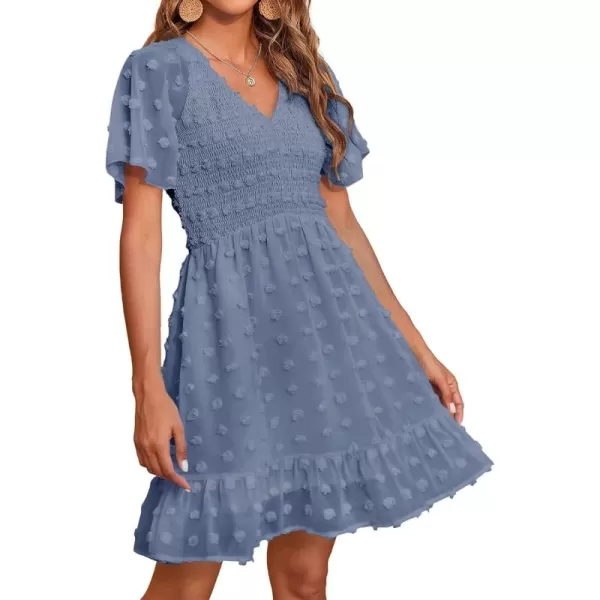 BTFBM Womens V Neck Smocked Short Sleeve Casual Dress Swiss Dot Swing Flowy Ruffle Hem Mini Beach Summer Dresses 2024Swiss Dot Grey Blue